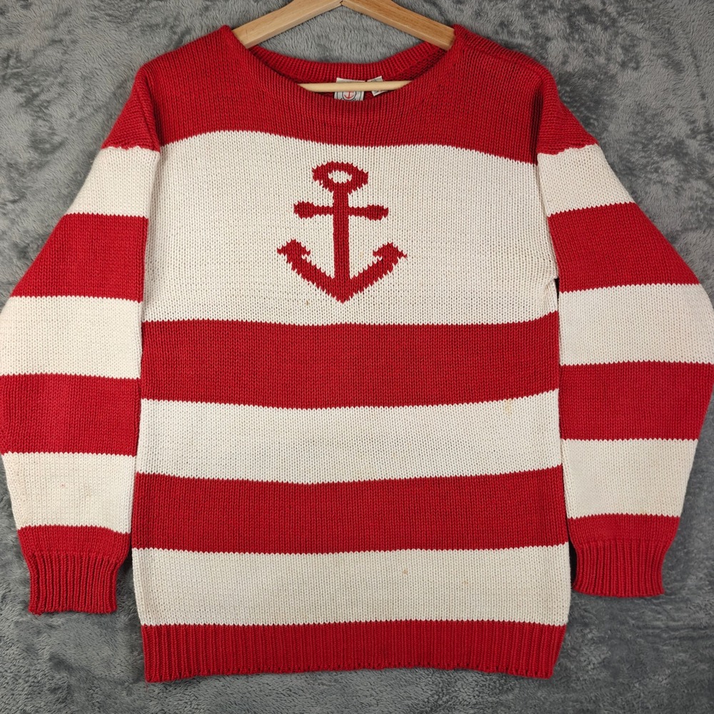 Vintage Sweater Mens Medium Red White Striped Anchor Nautical Cotton JG Hook Ivy